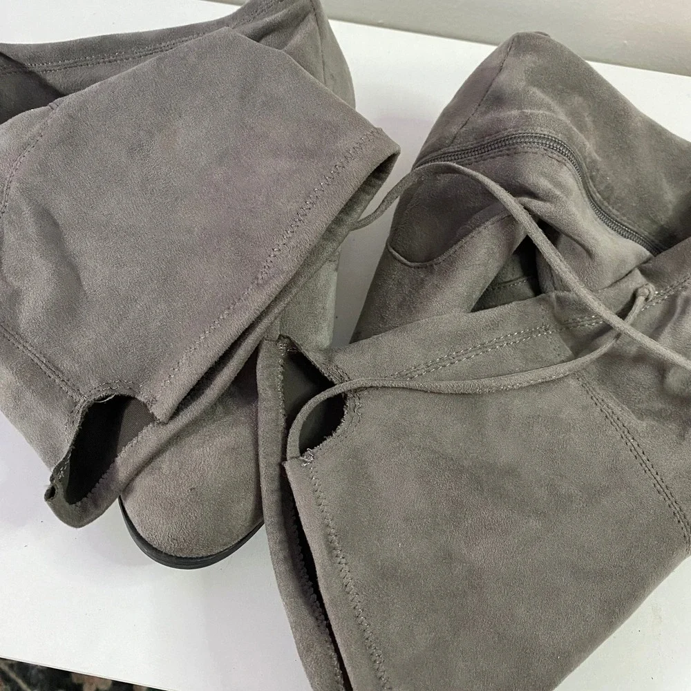 Womens 9.5 Tall Grey Faux Suede Boots Over the knee Flat Tie Back Missing string